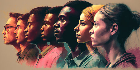Face portrait of diverse people together looking straight. Multiracial concept. distinct generative AI image.の素材