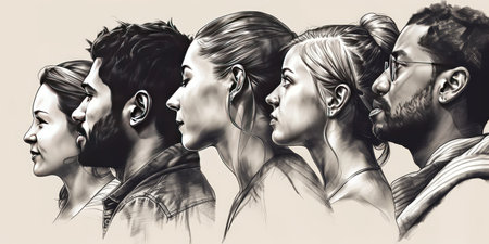 Face portrait of diverse people together looking straight. Multiracial concept. distinct generative AI image.の素材