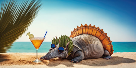 armadillo is on summer vacation at seaside resort and relaxing on summer beachの素材
