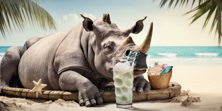 rhino is on summer vacation at seaside resort and relaxing on summer beachの素材