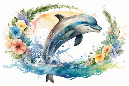 Happy dolphin in hand drawing watercolor style with summer flower decoration. distinct generative AI image.の素材