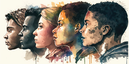Face portrait of diverse people together looking straight. Multiracial concept. distinct generative AI image.の素材
