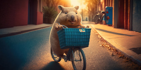 wombat have fun bicycle ride on sunshine day in summer on town streetの素材
