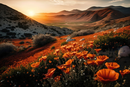 Flowers in valley surrounded by steep mountain ranges in spring and summer. distinct generative AI image.の素材