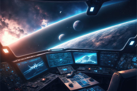Outer view of spaceship window with control system room. Abstract discover new planet in space. Finest generative AI.の素材