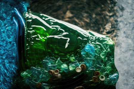 Concept of plastic recycle with blue bottle background. Inspiration of separated used plastic scrap of recyclable reducing global warming pollution. Finest generative AI.の素材