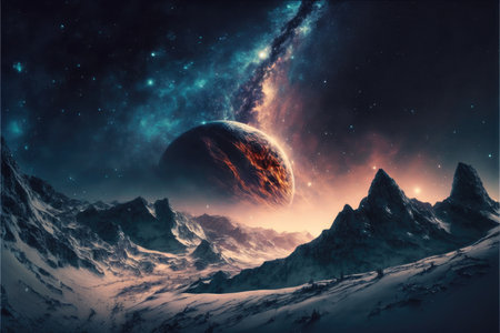 Landscape in fantasy new planet with galaxy background. Concept of nebula space atmosphere with mountain and snowy. Finest generative AI.の素材