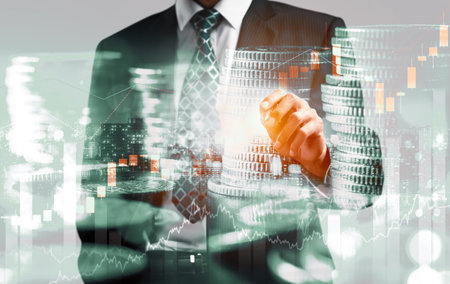 Businessman analyst working with digital finance business data graph showing technology of investment strategy for perceptive financial business decision. Digital economic analysis technology concept.の写真素材