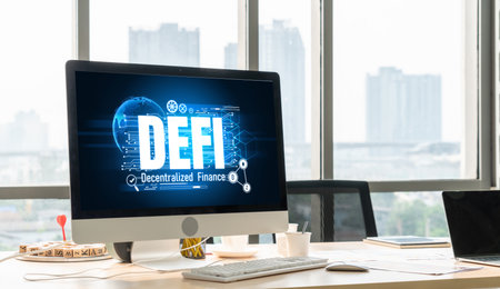Decentralized finance or DeFi concept on modish computer screen . The defi system give new choice of investment and money saving .の写真素材