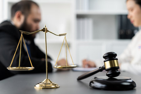 Focus shiny golden balanced scale on blurred background of lawyer working on desk at law firm office. Gavel hammer for righteous and equality judgment by lawmaker and attorney. Equilibriumの写真素材