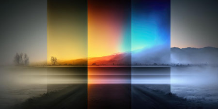 Solitude landscape with light spectrum gradient of electromagnetic field. superlative generative AI image.の素材