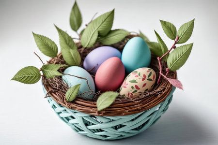 Easter eggs in basket. Colorful Easter festival celebration. superlative generative AI image.の素材