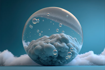 Beautiful modern abstract artwork of the sky captured in the transparent sphere bubble that reflect the cloud display cloudscape inside the bubble orbs with realistic detail. Superb Generative AI.の素材