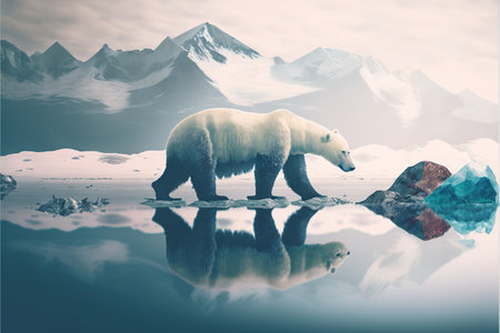 image shown by polar bear suffer due to melting ice caused by the impact of climate change on double exposure of global warming turning arctic hotter in background. Superb Generative AI.の素材