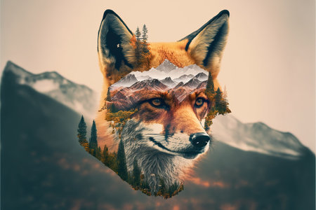 Contemporary abstract artwork double exposure of red fox and forest landscape design, concept of animal and natural wilderness adventure. Superb Generative AI.の素材