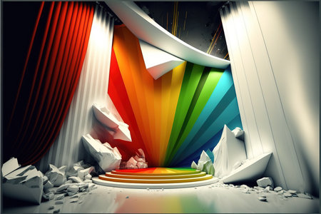Realistic show stage or podium with rainbow color in modern realistic design. Idyllic scene for entertainment performance, abstract vivid color minimal backdrop. Superb Generative AIの素材
