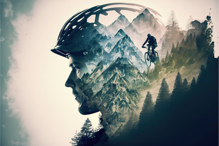 Image of double exposure silhouette biker and mountain forest landscape in creative modern abstract art. Nature and outdoor adventure or extreme sport in the wilderness concept. Superb Generative AI.の素材
