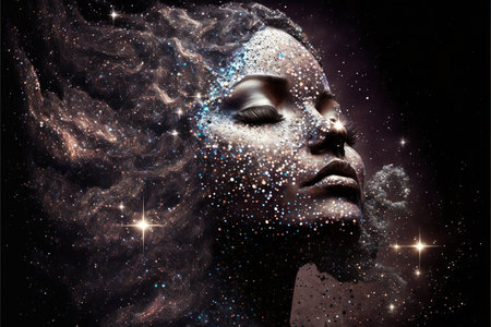 Contemporary abstract art woman melting portrait with skin of glistening space and universe in mycelia pattern, body cover with bright star of the starry night. Superb Generative AIの素材