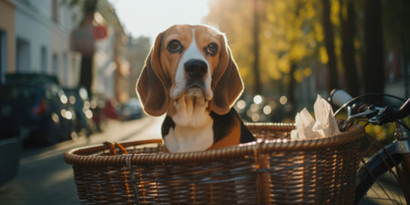 Beagle dog have fun bicycle ride on sunshine day morning in summer on town streetの素材