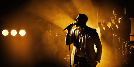 Male jazz singer sing jazz song on the stage at night in jazz club. distinct generative AI image.の素材