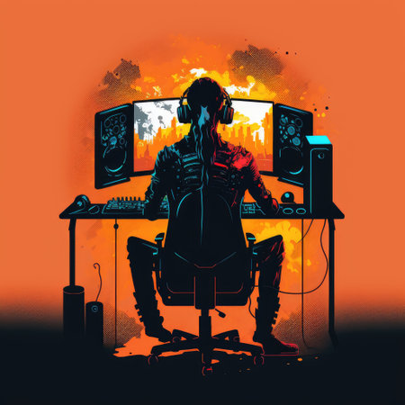 A sitting mans esports gamer staring on multi monitor screen. Playing room with modern design. Finest generative AI.の素材