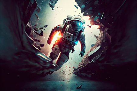 Zero G emergency space evacuation concept, astronaut floating and escaping in futuristic interior of scifi space station or destroyed spaceship. Space rescue team concept. Superb Generative AIの素材