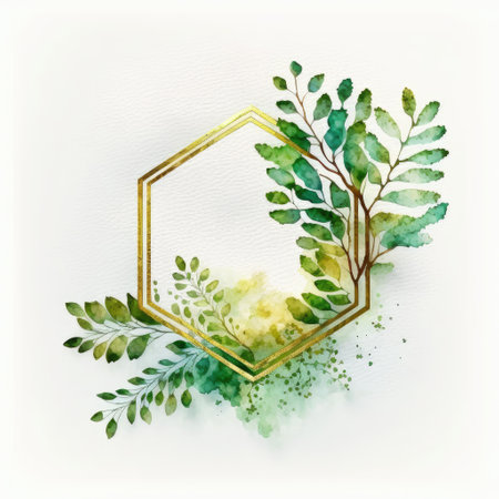 Hexagon frame of green and golden leaves with watercolor painting isolated on white background. Theme of vintage minimal art design in geometric. Finest generative AI.の素材