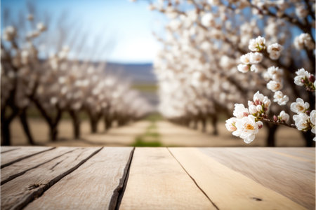 Focus empty wood table in blossom flower with blurred natural tree background. Concept of blank space for advertising product. Finest generative AI.