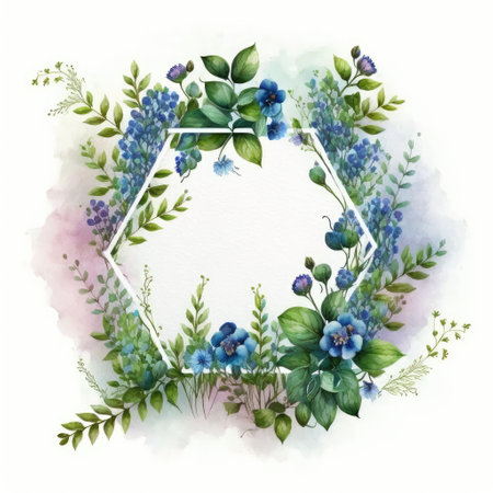 Hexagon frame of blue flower and green leaves with watercolor painting isolated on white background. Theme of vintage minimal art design in geometric. Finest generative AI.の素材