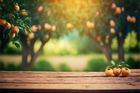 Focus peach fruit on the wood table with blurred peach tree background. Concept of blank space for advertising product. Finest generative AI.の素材