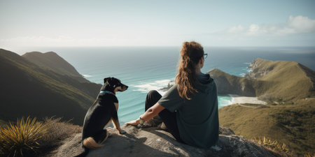 Young beautiful woman enjoy view with her dog during hiking trip in the mountain. distinct generative AI image.の素材