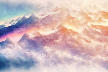 Abstract digital art in colorful mountain with cloudscape painted by watercolor. Concept of pastel color background in multicolored natural frame. Finest generative AI.の素材