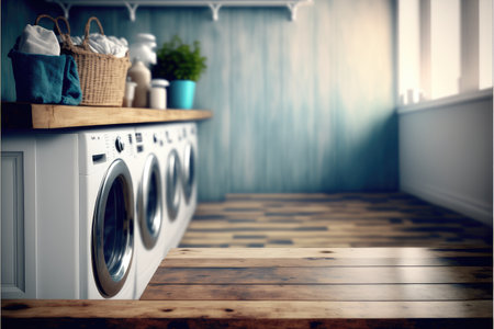 Focus empty wood table in blur laundry and washing machine background. Concept of blank space for advertising product. Finest generative AI.の素材