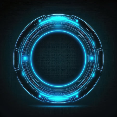 Abstract of glowing scifi futuristic circle in HUD head-up cyber concept. Background futuristic innovation of blue neon in darkness gaming. Finest generative AI.の素材