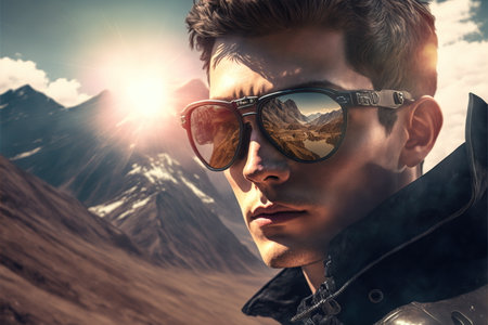 Adventure and natural travel in the wondrous mountain landscape and beautiful sky concept portrayed by young man wearing sunglasses with reflection of the nature environment by Generative AI.の素材