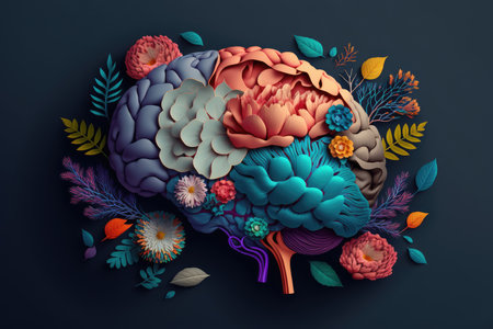 Human brain made with flowers in concept of mental health and self caring. distinct generative AI image.の素材