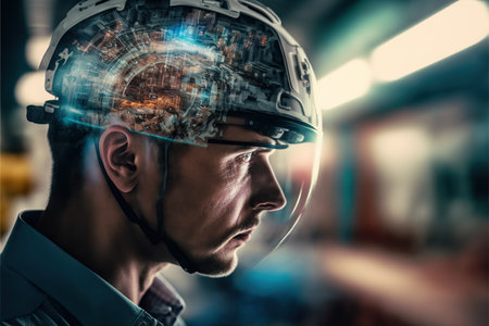 Electrical engineering concept design. electrician or engineer wear hardhat with double exposure effect on his head feature with wondrous electric circuit or wire pattern texture by Generative AI.の素材