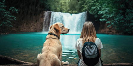 Active woman hiking to waterfall with labrador retriever dog. distinct generative AI image.の素材