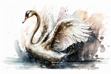 Swan watercolor hand drawn style. distinct generative AI image.の素材
