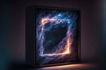 Abstract in glowing neon starlight and particles in square shape. Concept of fantastic sparkle dust with hole frame in nebula space. Finest generative AI.の素材