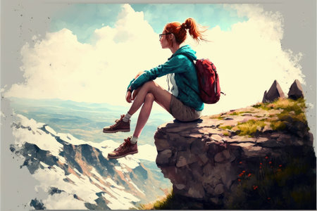 Young backpacker sitting on peak mountain rock edge background. Concept of young generation tourist travel located on top of cliff. Finest generative AI.の素材