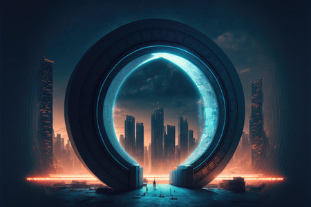 The world revolution of through circle future portal. Background of skyscraper with moon spotlight. Finest generative AI.の素材