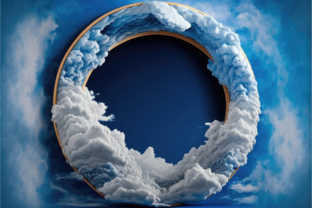 Frame made with covered white cloud in the sky in circle shape. Concept of luxurious fantasy window. Finest generative AI.の素材