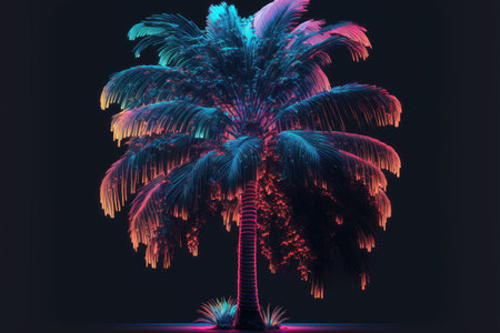 Creativity by neon palm isolated black background with reflective light. Concept of colorful and multicolored florescent lighting tree. Finest generative AI.の素材