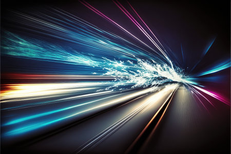Abstract of high speed car racing of multicolored taillight in streak concept. Art in digital street background. Finest generative AI.の素材
