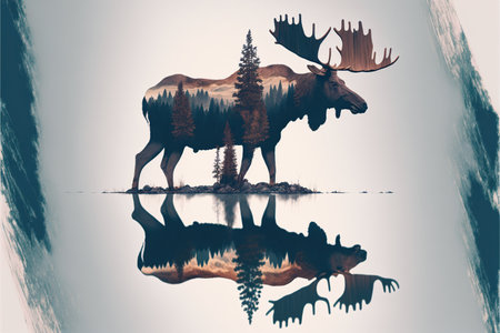 Moose with beautiful antler double exposure with natural background as concept of fertility forest and wildlife live together in peace, explore and adventure in wilderness. Superb Generative AI.の素材