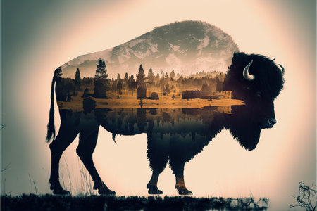 American male bison grazing on grassland with double exposure background of natural scenery in yellowstone. Large mammal body with fur and horn. Superb Generative AI.の素材