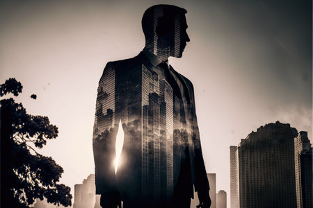 Ambitious businessman in black suit-clad profile with background residential city highrise buildings in double exposure, Successful businesspeople with strategic plans. Superb Generative AI.の素材