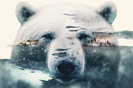 image shown by polar bear suffer due to melting ice caused by the impact of climate change on double exposure of global warming turning arctic hotter in background. Superb Generative AI.の素材