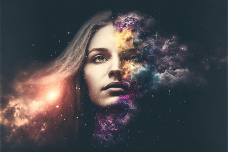 Double exposure image of woman portrait with the void of space and universe with stars for state of mind and psychological concept. Meditative and mental ability abstract art. Superb Generative AIの素材
